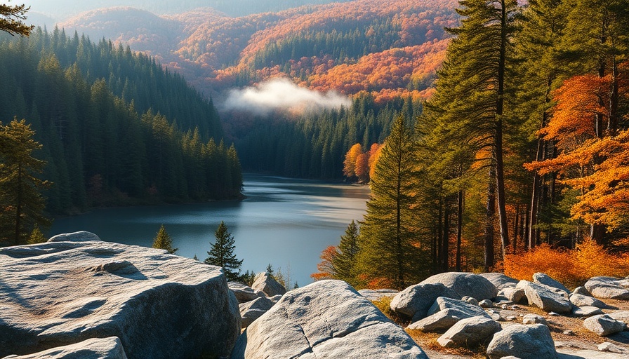 Serene Minnesota landscape with misty forest and lake.