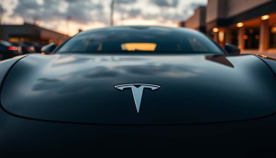 Tesla car hood in parking lot, reflections at dusk, stock market news