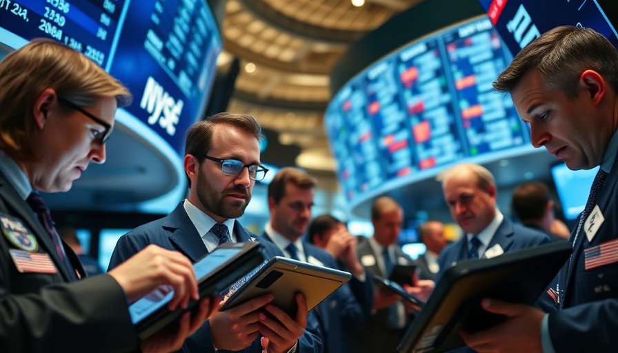 Stock traders at NYSE discussing trades, vibrant market screens.