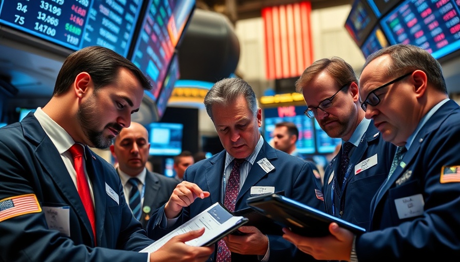 Stock traders discussing market trends at NYSE with screens displaying data, related to Woodside Energy Q1 Financials.