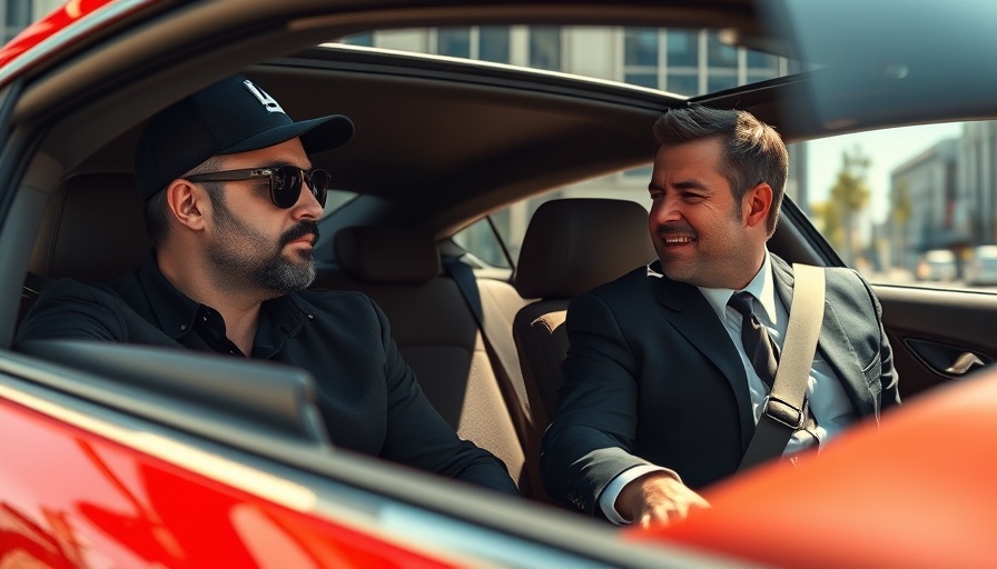 Individuals in a red car discussing priorities, modern urban setting.
