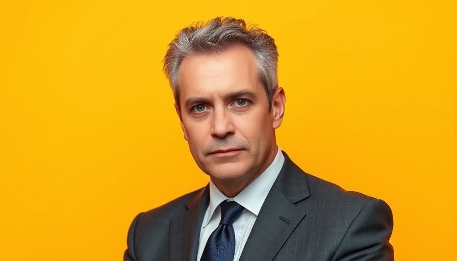 Confident man in suit with serious expression against yellow background.