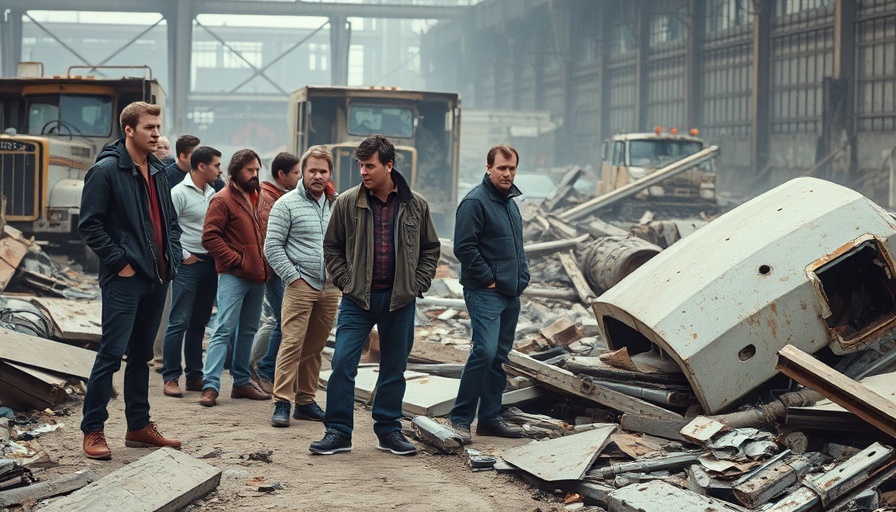 People observing wreckage, expressing concern in an industrial area.