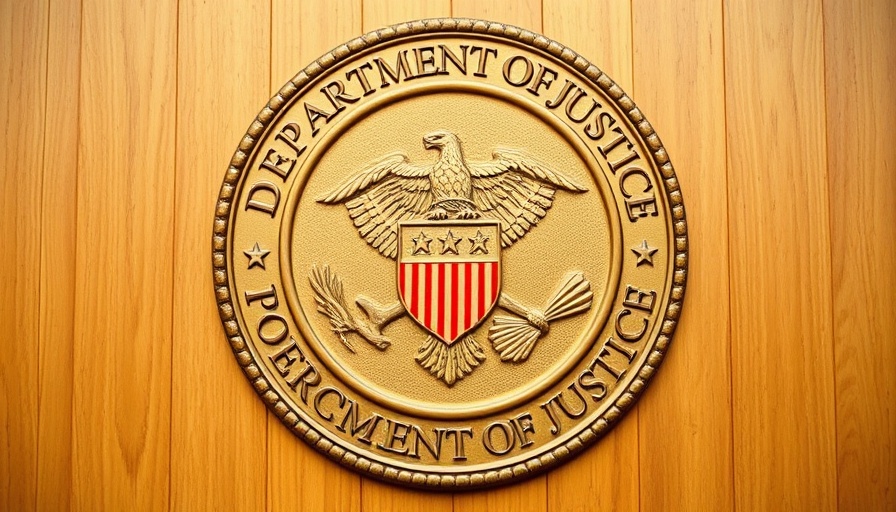 Department of Justice seal on wooden background, latest news.