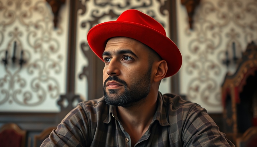 Man in red hat with contemplative expression indoors.