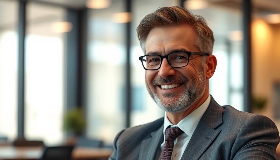 Smiling CEO in a modern office setting discussing cryptocurrency.