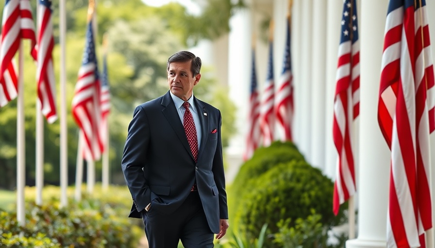 Solemn figure walks past foliage and American flags, failed trade negotiations with Japan.