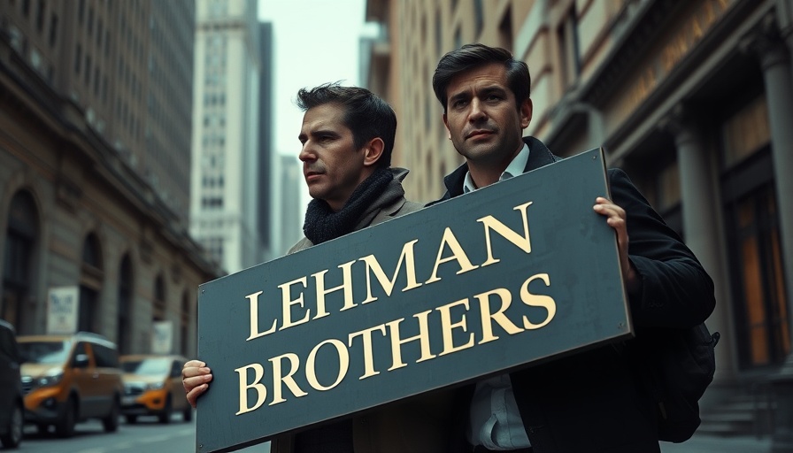 Historic Lehman Brothers sign being carried by two men on a city street.