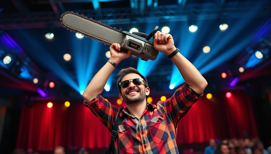 Charismatic man with chainsaw on stage at a lively event.