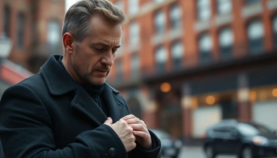 Contemplative man adjusting coat on city street, Tesla earnings Q1 2025.
