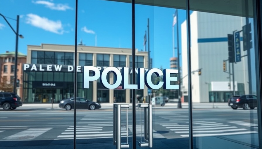 Police department entrance reflecting local street scene, local news updates.