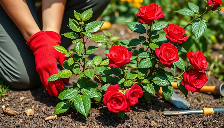 Gardener planting rose bushes in a sunny garden.