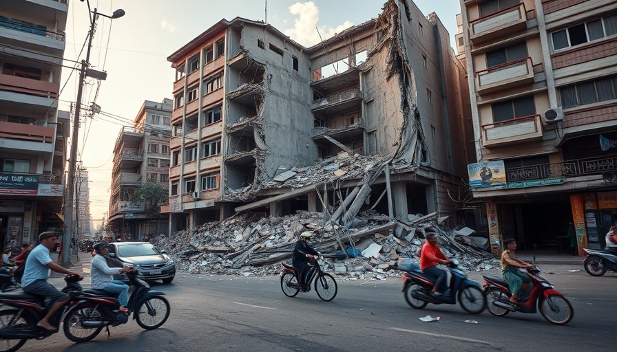 Myanmar earthquake relief efforts, collapsed building and cyclists.