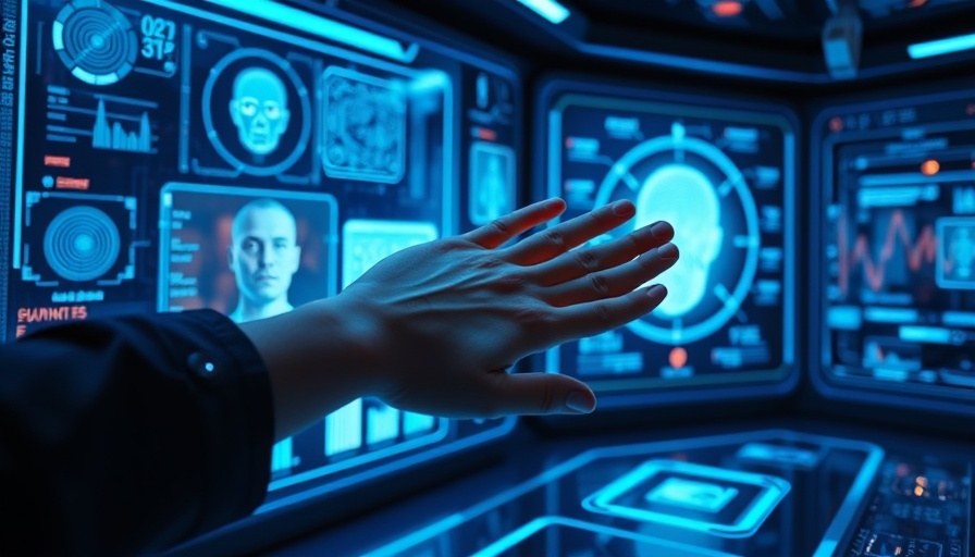 Futuristic palm-scanning technology interface in healthcare context.