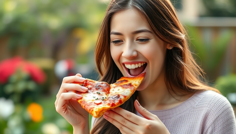 Impact of fast food on brain function: woman enjoying pizza outdoors.
