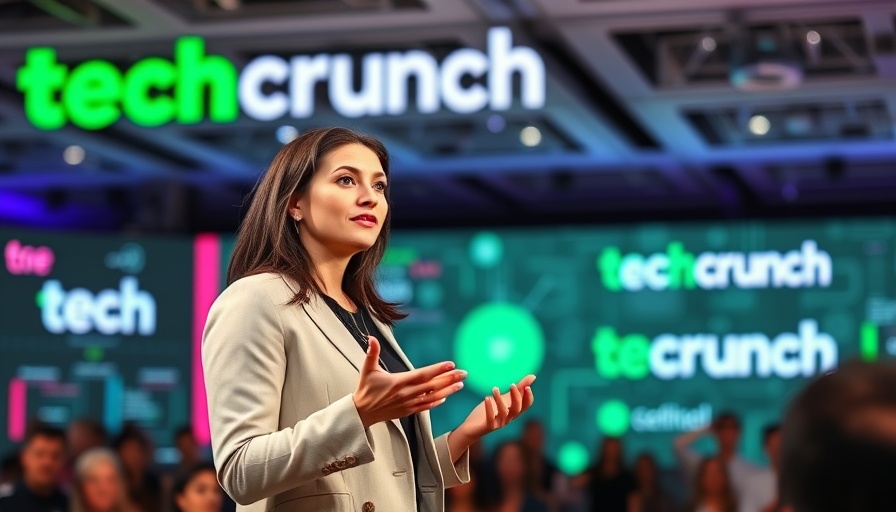 Confident speaker at tech conference discussing business startup funding.