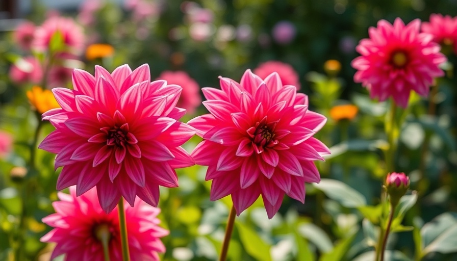 Vibrant pink dahlias in summer garden, blooming vividly.