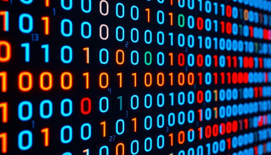 Glowing binary code in blue and orange representing technology.