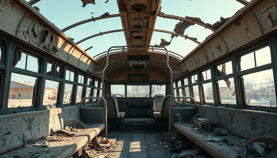 Damaged bus interior reflecting war aftermath, Russia-Ukraine peace talks.