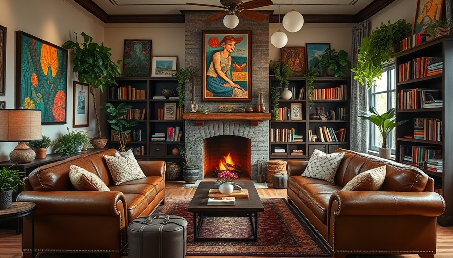 Organized maximalism in a cozy living room with art and greenery.