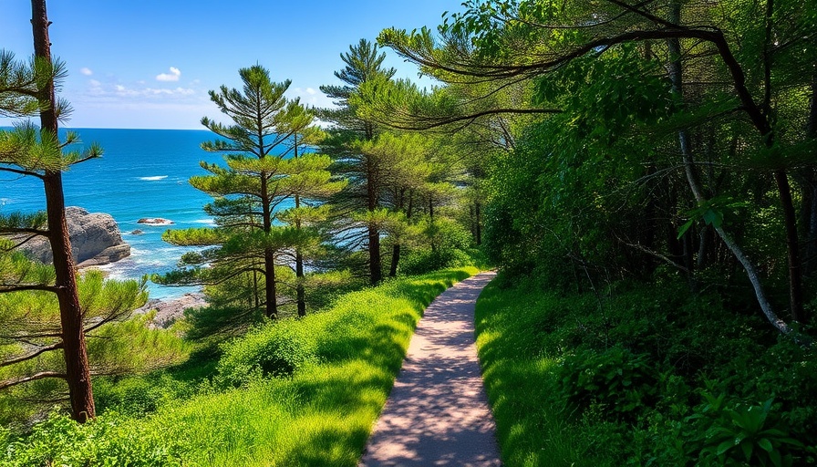 Scenic coastal forest path near ocean, sunny day
