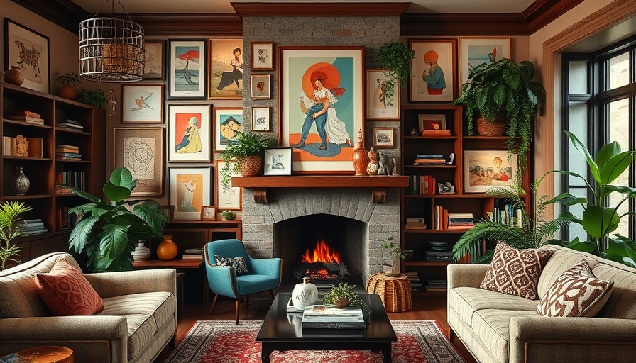 Eclectic living room showcasing organized maximalism with artwork and plants.