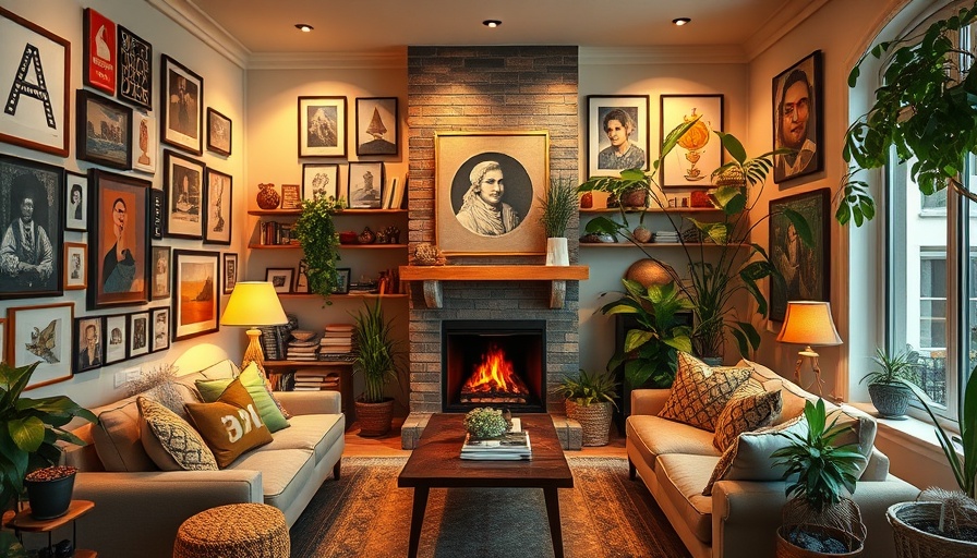 Living room with organized maximalism decor and vibrant elements.
