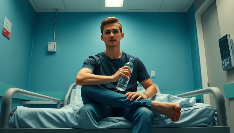 Young man in hospital setting holding water bottle. AI health advice context.