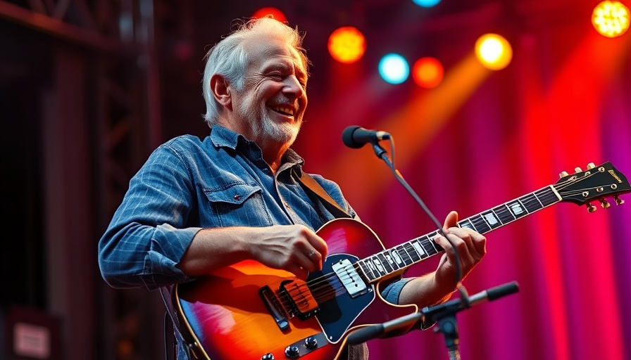 Elderly musician playing guitar on a vibrant stage, Carlos Santana health emergency context