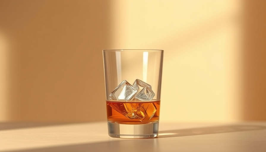 Simple glass of whiskey with ice cubes on a beige surface, warm lighting.