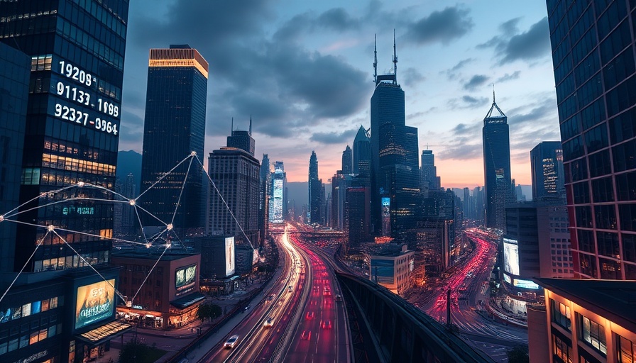 Futuristic city at night with digital finance graphics, business startup funding.