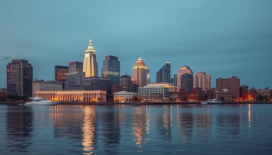 Baltimore skyline at twilight reflecting in water, highlighting affordable homes for sale in Maryland.
