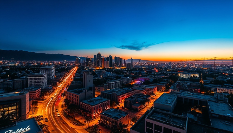 Dusk view of vibrant California city, showcasing affordability.