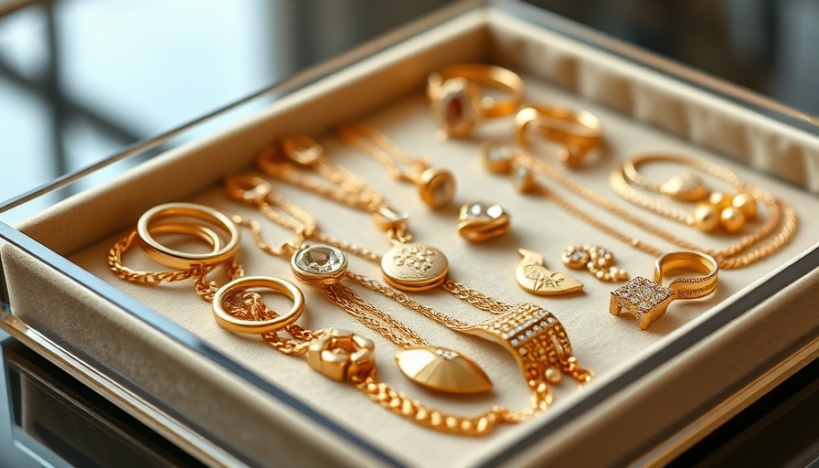 Gold jewelry organized on velvet tray, jewelry organization ideas.