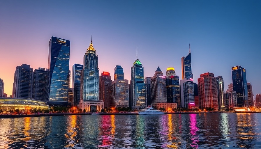 City skyline at dusk with colorful reflections in Maryland.