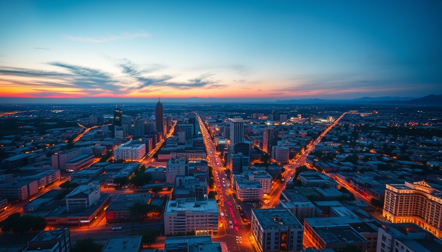 Aerial view of an affordable Californian city at dusk with lit streets.
