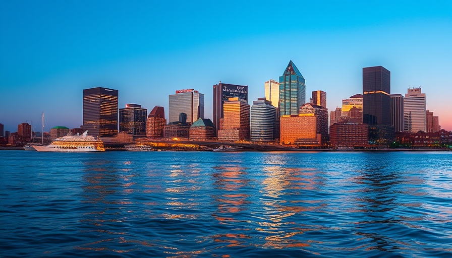 Baltimore skyline at dusk reflecting on water, affordable places to live in Maryland.