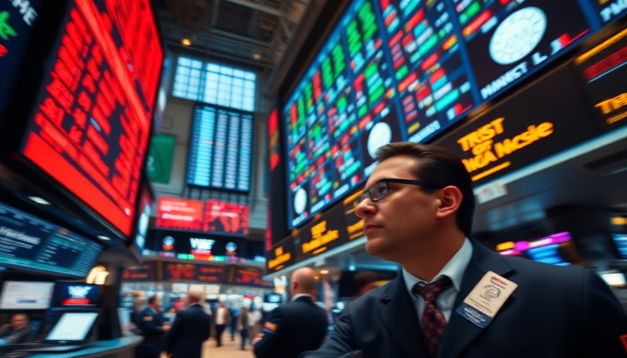 Dynamic scene at stock exchange floor with focused trader, highlighting energy.