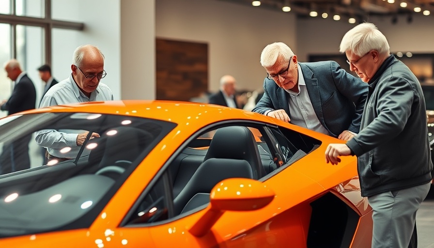 Men at car show discussing orange sports car, tariff exemptions.