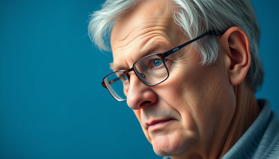 Thoughtful older man with glasses at Davos event, blue backdrop.