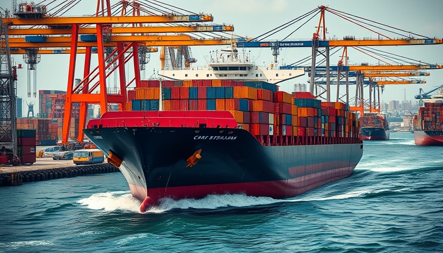 Cargo ship in industrial port, linked to Trump's tariff policy lawsuit