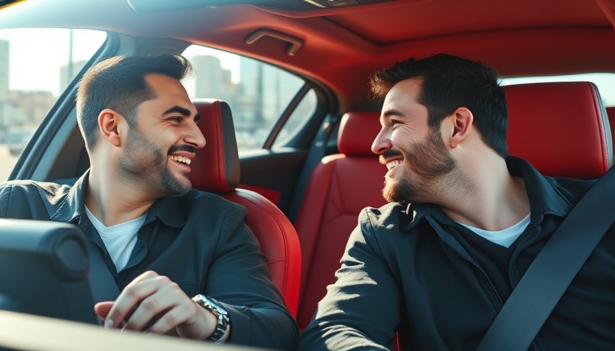 Friendly scene of two men in a red car, a mix of leisure and professionalism.