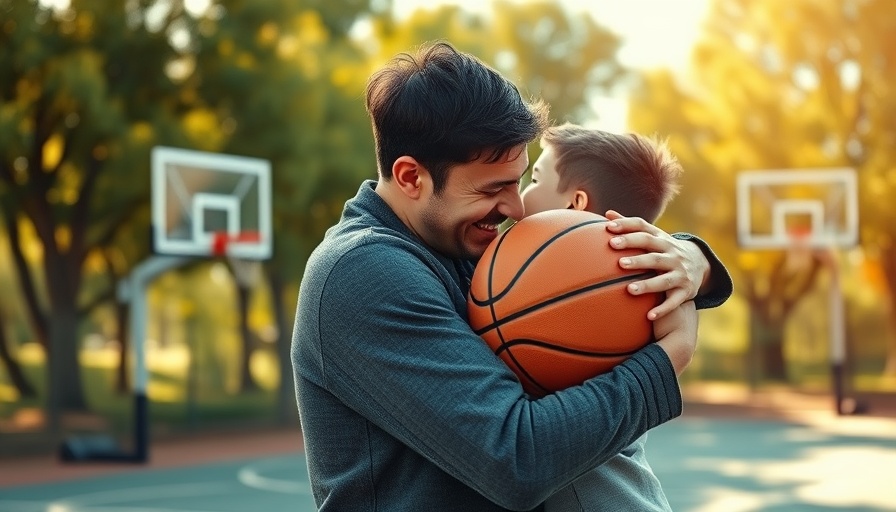 Father and son embrace on basketball court, parental pride for well-being.