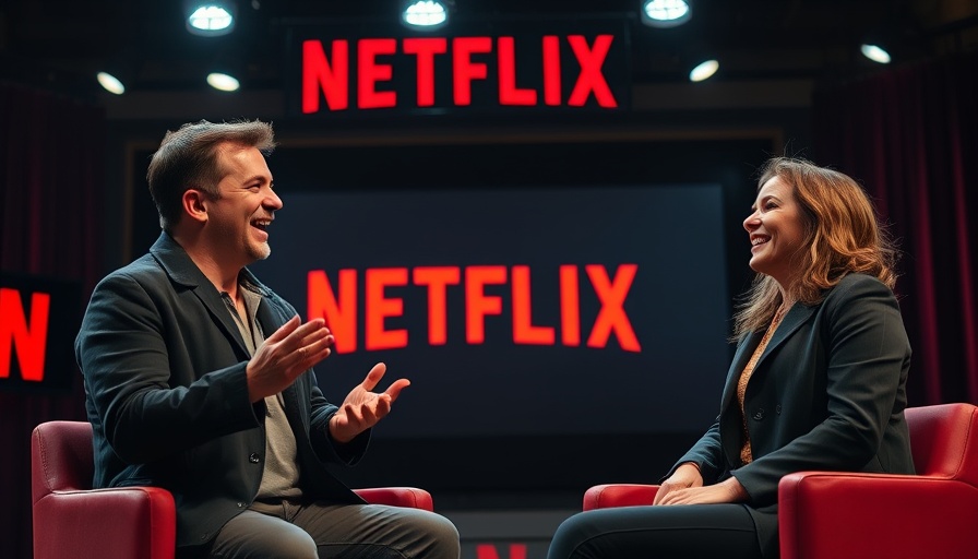 Netflix executives discussing under vibrant stage lights.