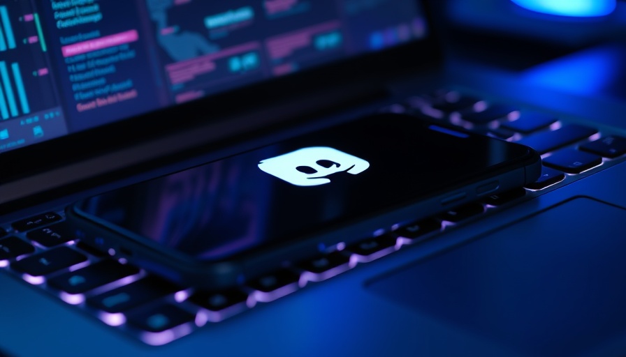 Discord logo on smartphone over laptop keyboard, cyber theme