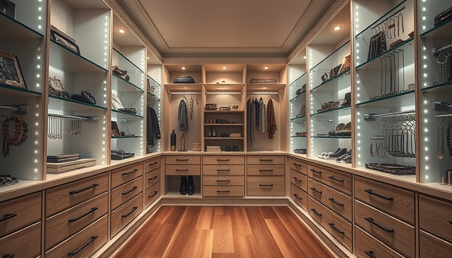 Elegant built-in closet shelves with lighting options, showcasing jewelry.