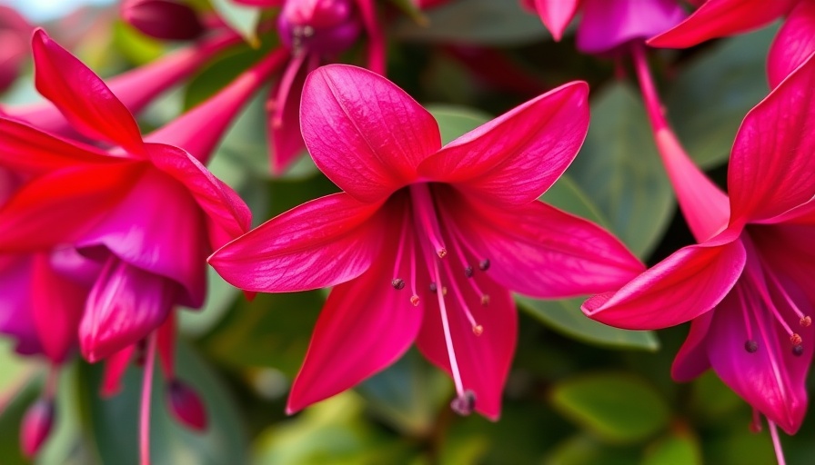 Close-up of fuchsia flowers with vibrant colors in sunlight, highlighting how to deadhead fuchsia flowers.