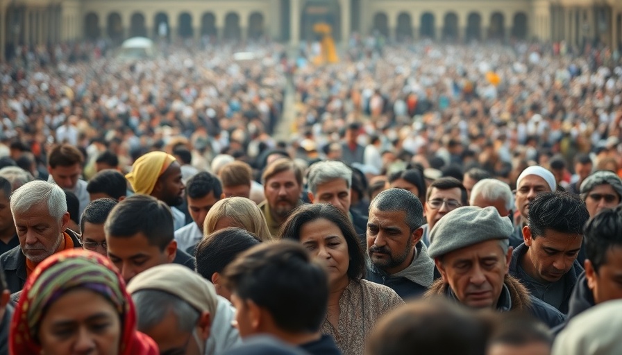 Crowd praying in a large square reflecting Pope Francis revolutionary legacy.