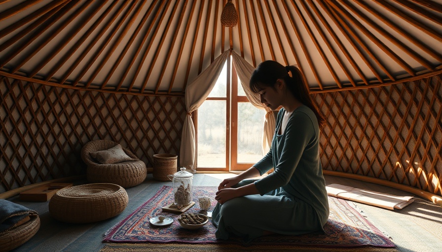 Young woman arranging items in a cozy yurt, highlighting local news updates.