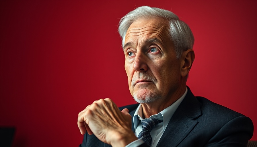 Distinguished man in contemplative pose with abstract red background.